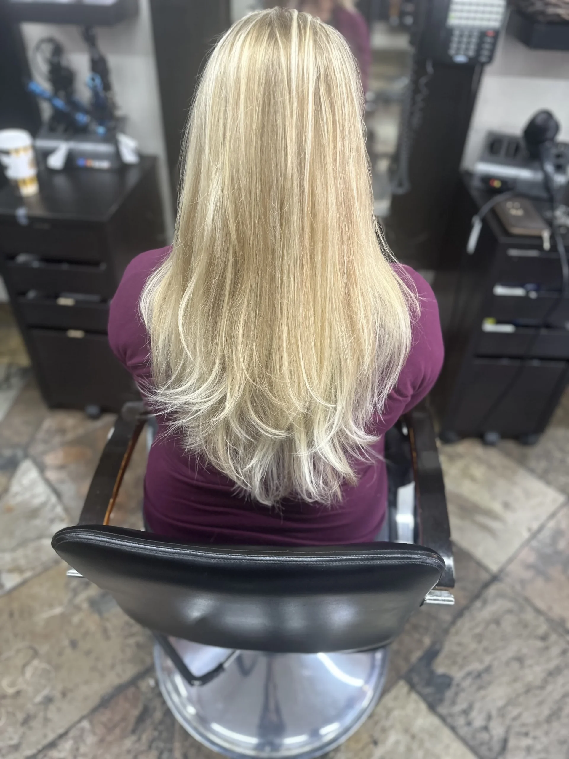 After blonde refresh and soft layered finish by Olivia Hair Studio in Chula Vista